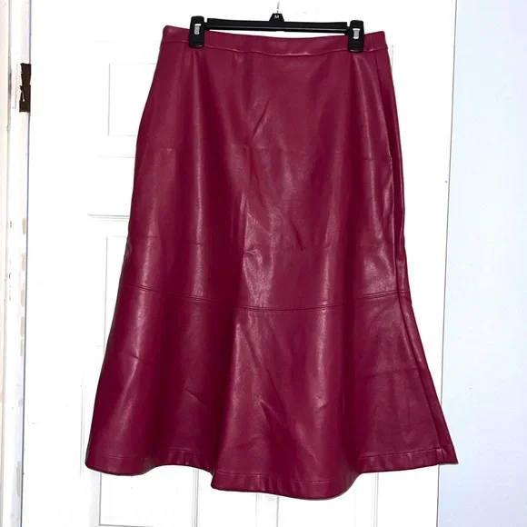 INC International Concepts Berry Burgundy Faux Leather Trumpet A-line Midi Skirt - Picture 6 of 12